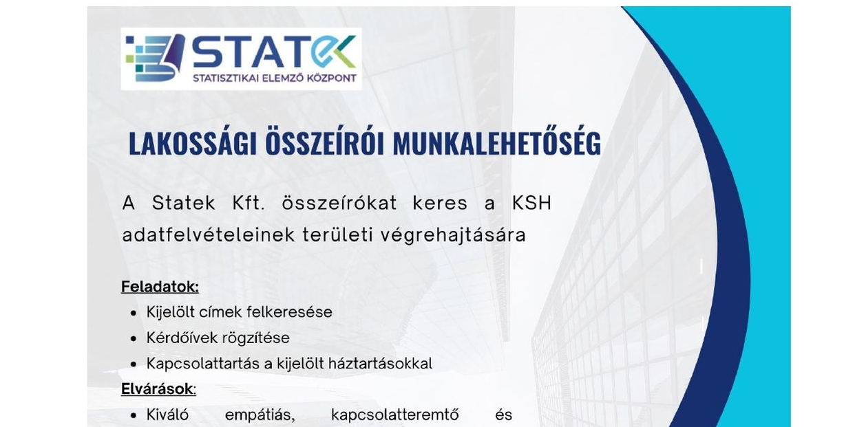 Lakossági összeírókat keres a KSH