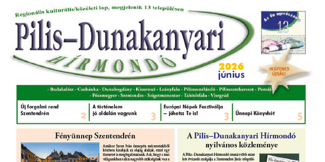 Megjelent a Pilis-Dunakanyari Hírmondó 2026. júniusi száma